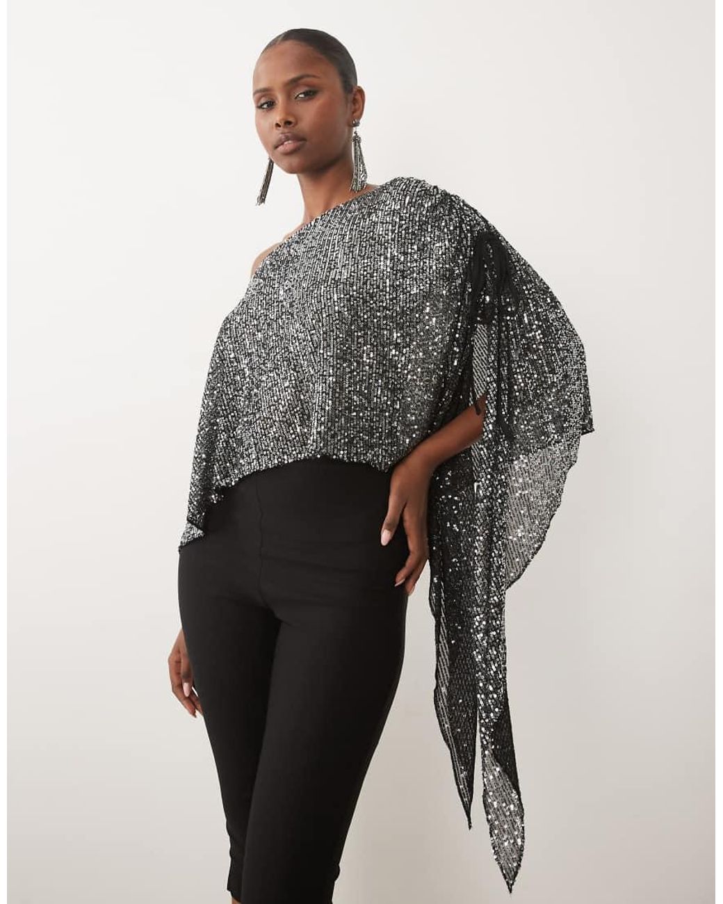 ASOS Gray Sequin Asymmetrical Off The Shoulder Cape Sleeve Top