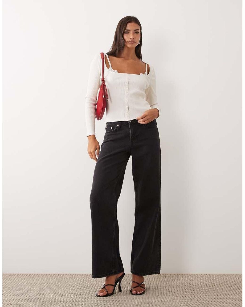 ASOS Natural Sculpting Rib Button Through Top With Lace Underlayer