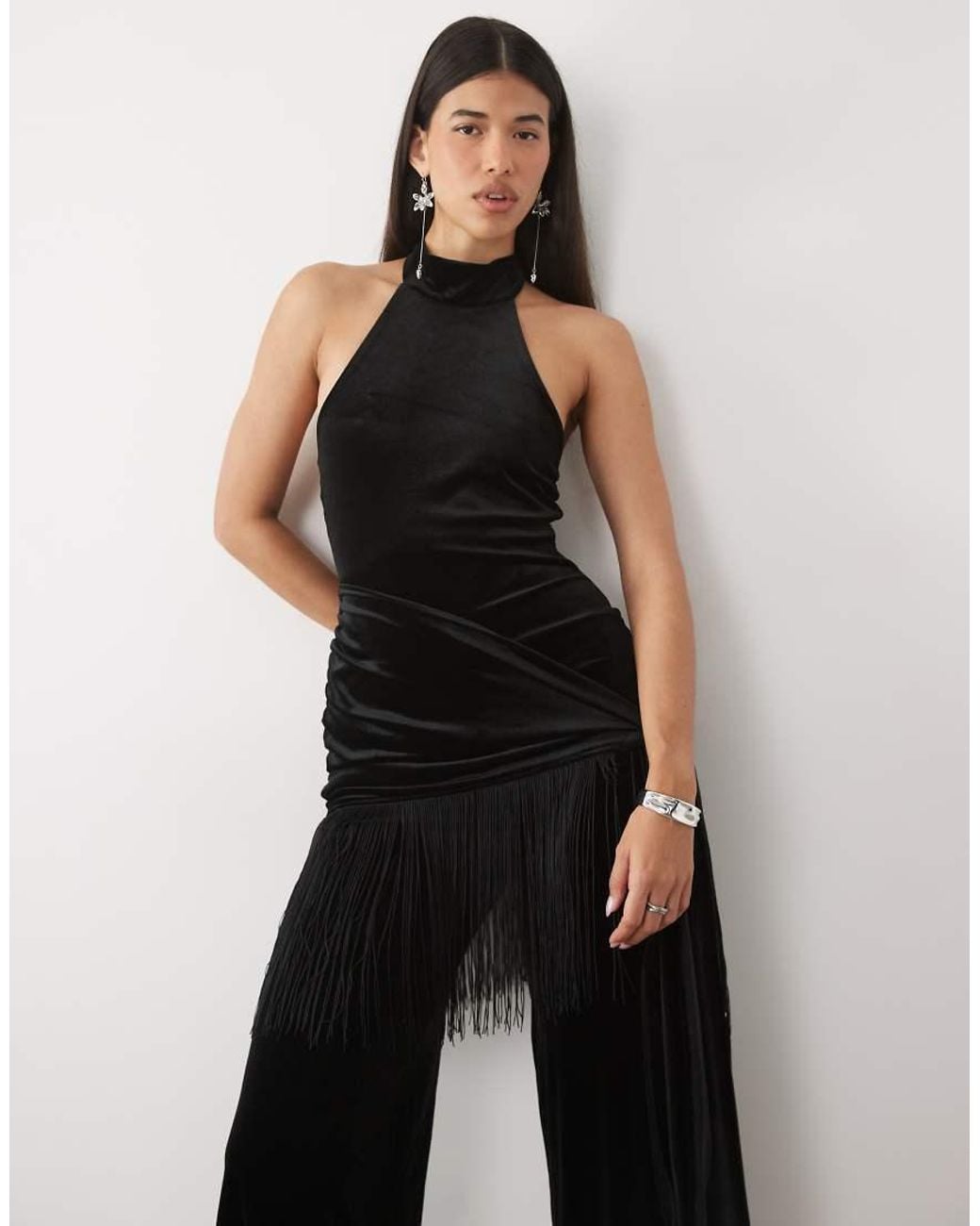 ASOS Black Halter Neck Velvet Jumpsuit With Fringe Wrap Detail