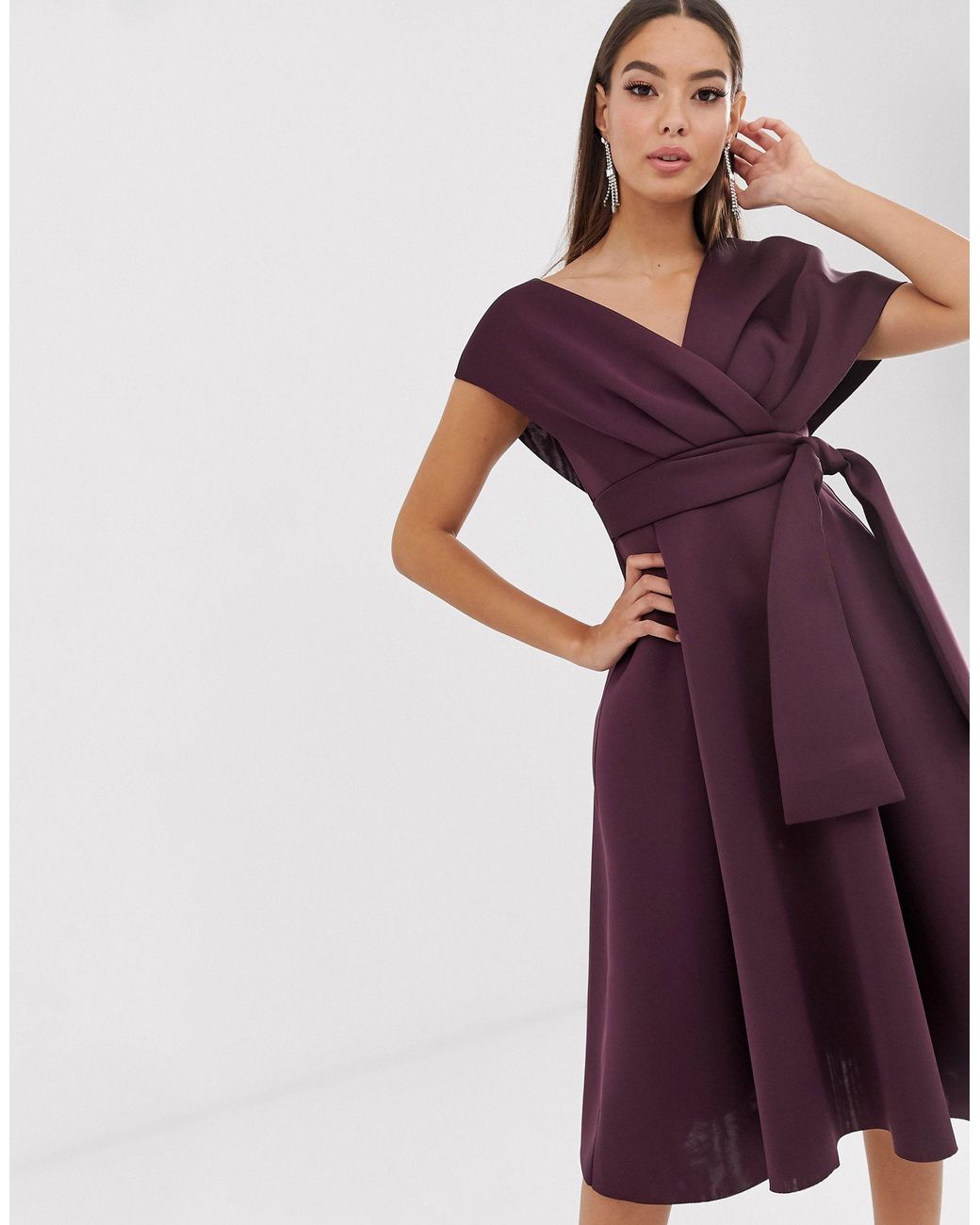 asos design fallen shoulder tux prom midi dress