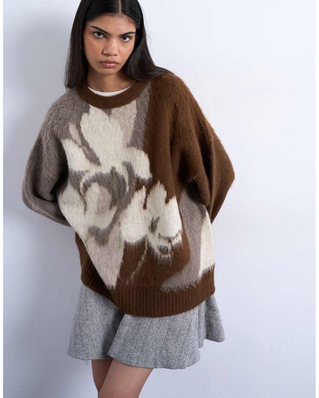 TOPSHOP White Knit Blurred Floral Sweater