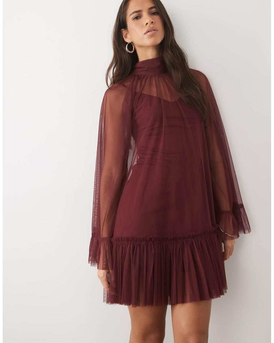LACE & BEADS Red Tulle Sheer Overlay Bell Sleeve Ruffle Hem Mini Dress