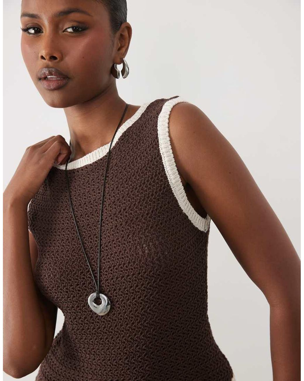 ASOS Brown Knitted Cinched Crochet Asymmetric Top Co Ord