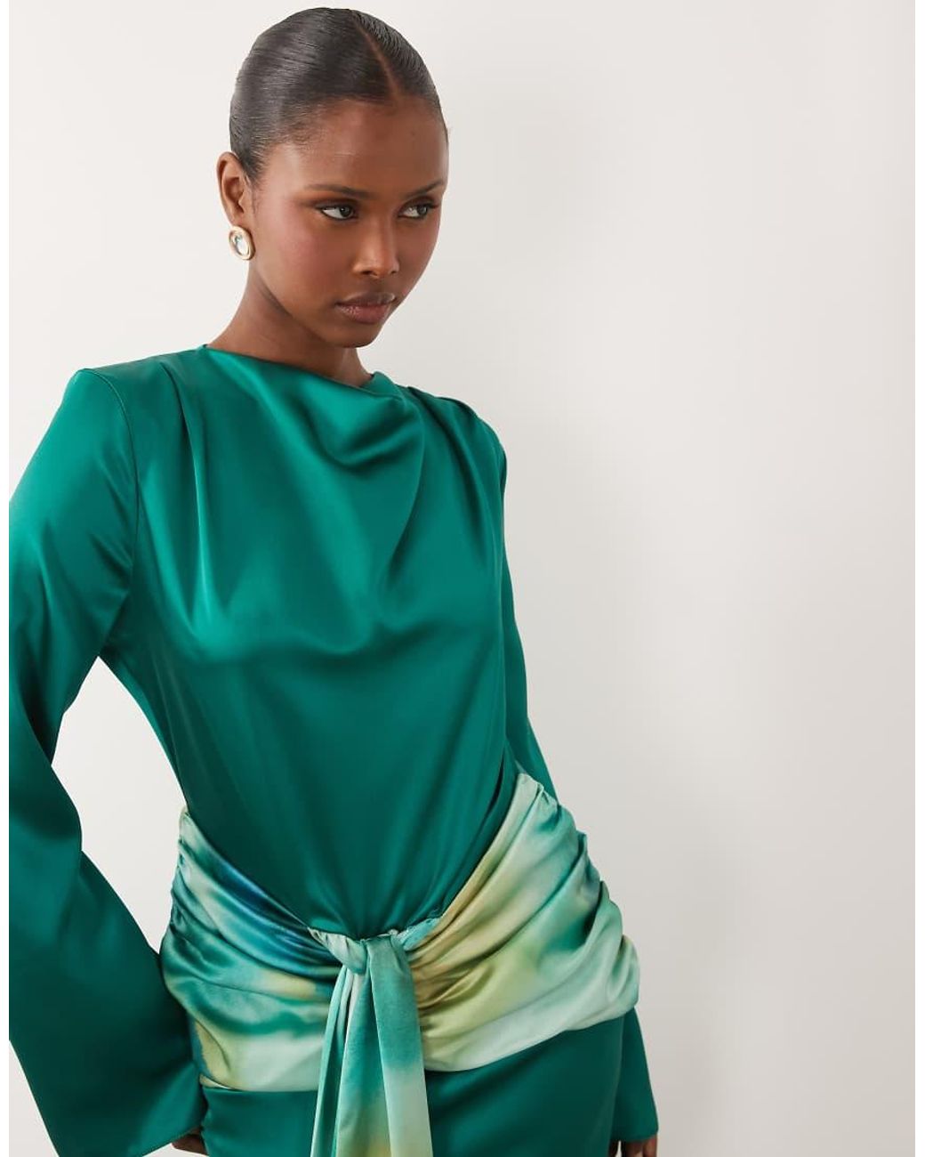 DASKA Green Satin Drape Maxi Dress With Contrast Tie Detail