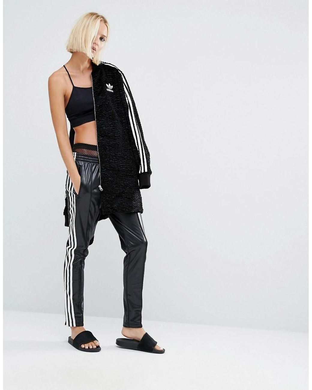 adidas Originals Originals Three Stripe Wet Look Sweat Pants in Black Lyst UK
