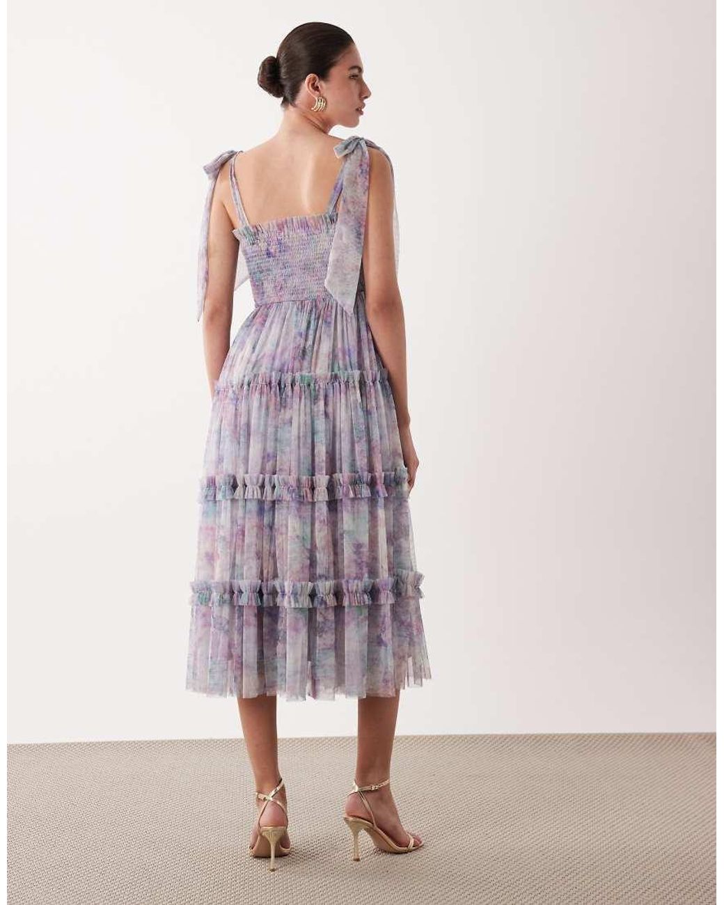 LACE & BEADS Purple Bow Shoulder Shirred Ruffle Midi Dress