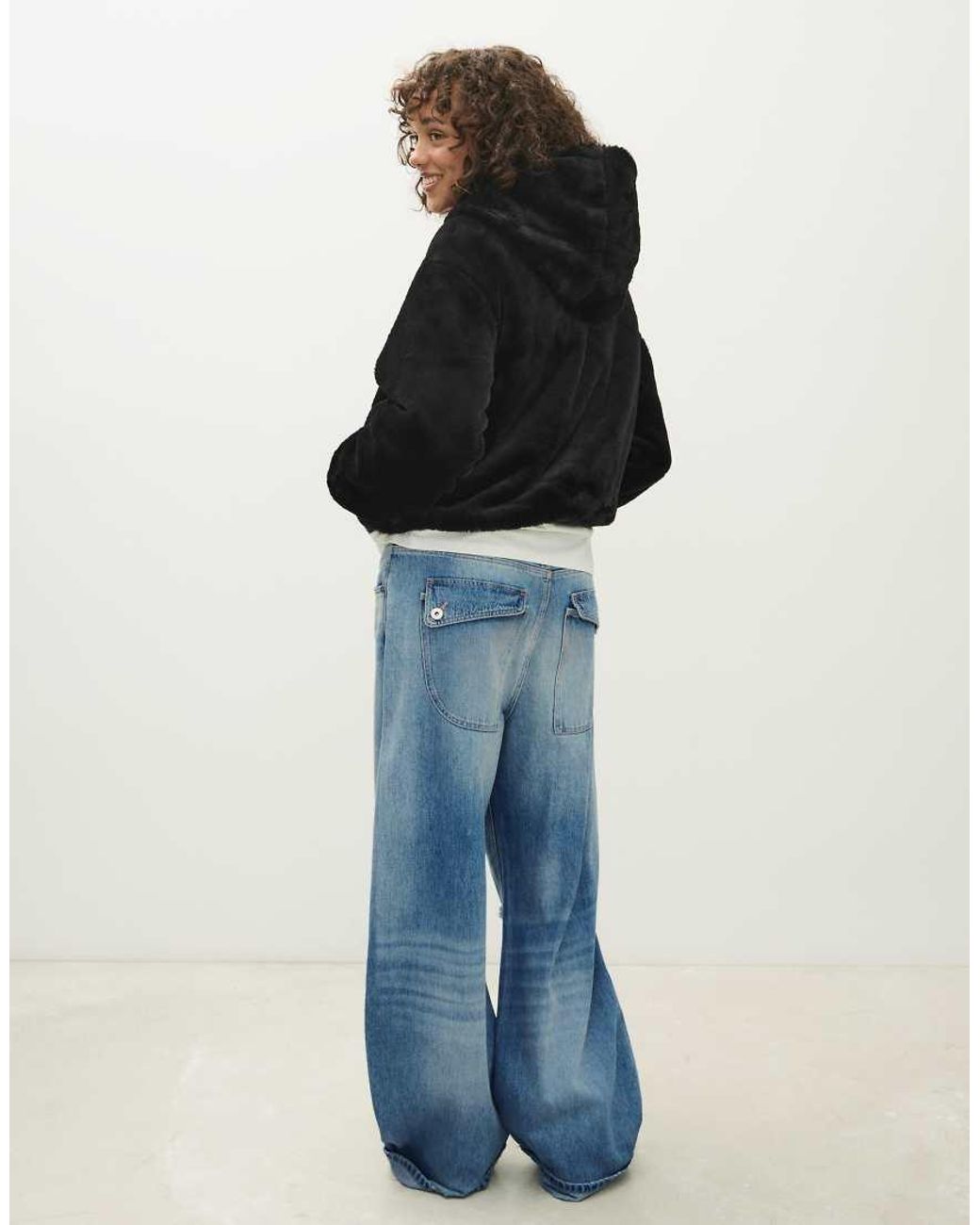 Bershka Blue Hooded Jacket With Fur