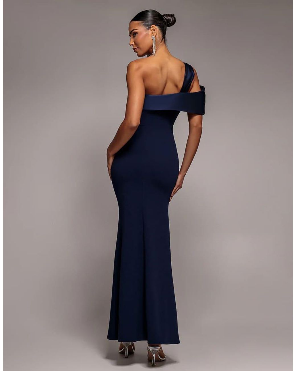 Goddiva Blue Satin Twist One Shoulder Maxi Dress