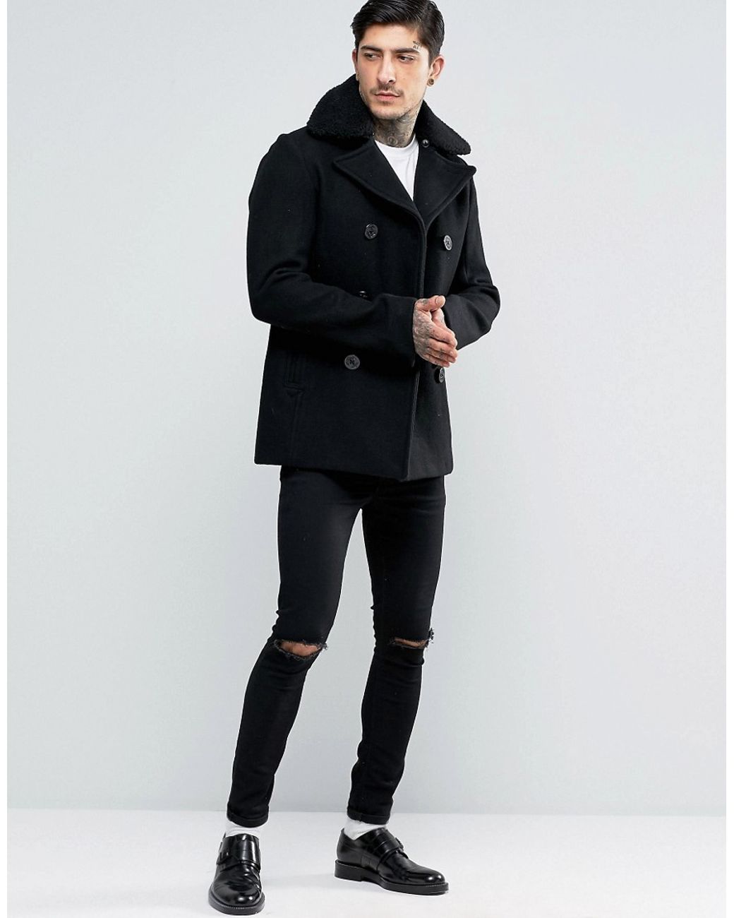 Schott Nyc Cyclone Wool Peacoat Detachable Borg Collar in Black