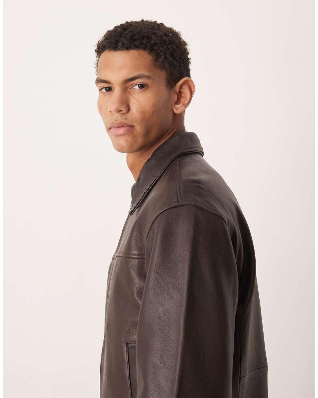 SELECTED Brown Leather Zip Jacket for men