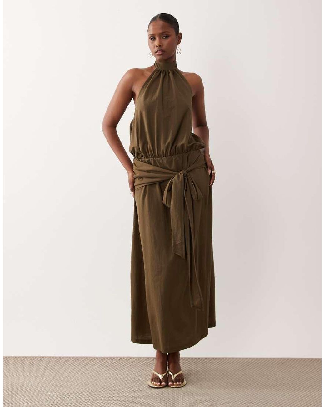 ASOS Natural Linen Look Halter Neck Bubble Hem Maxi Dress