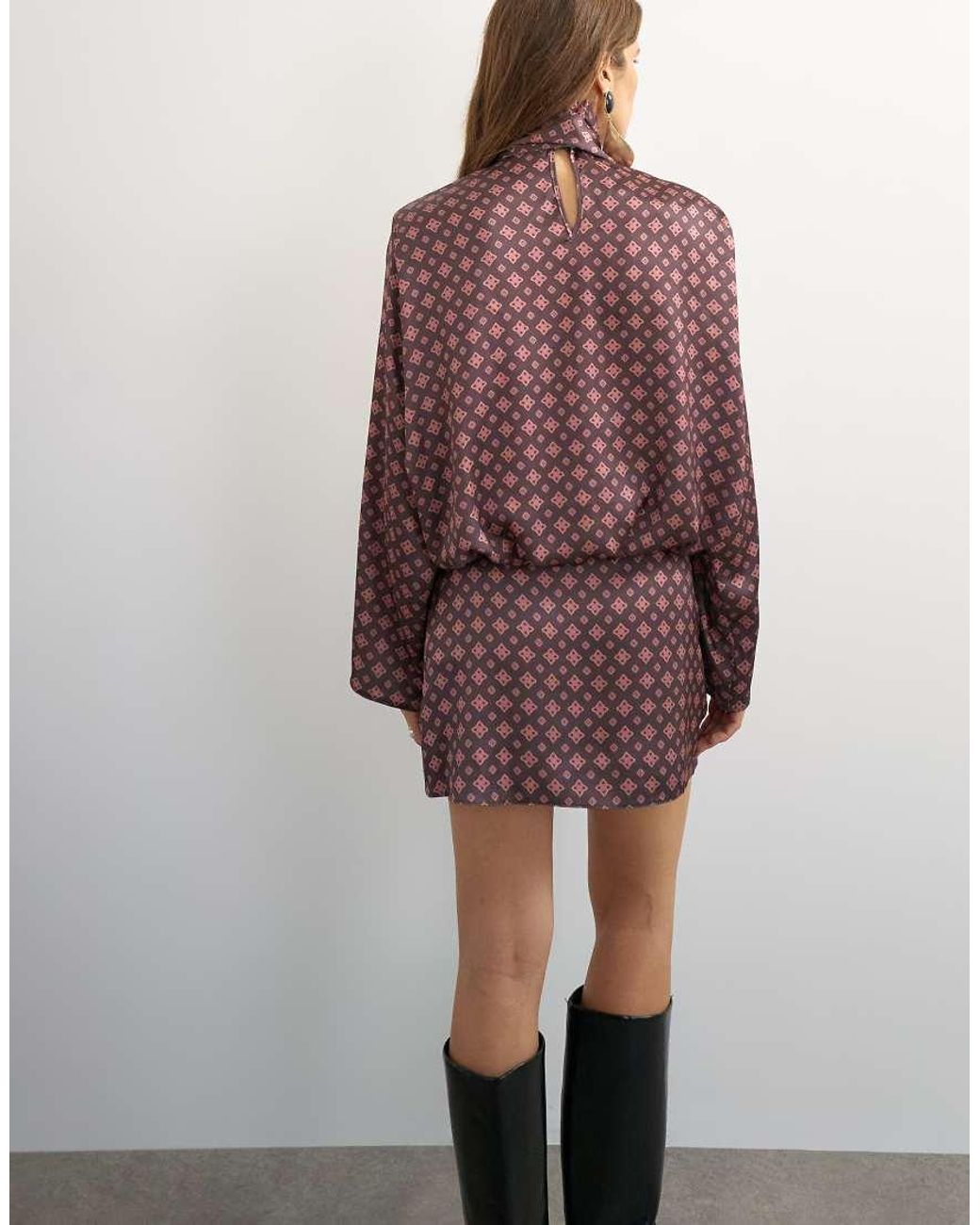 TOPSHOP Pink Satin Tie Print High Scarf Tie Neck Mini Dress