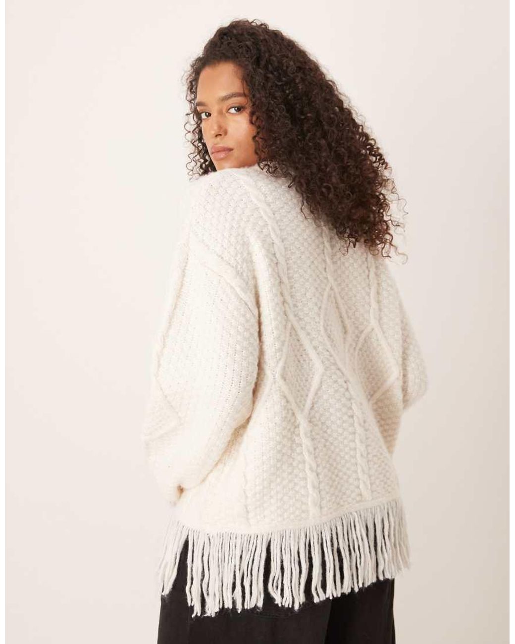 ASOS Natural Asos Design Curve Cable Knit Crew Neck Fringe Jumper