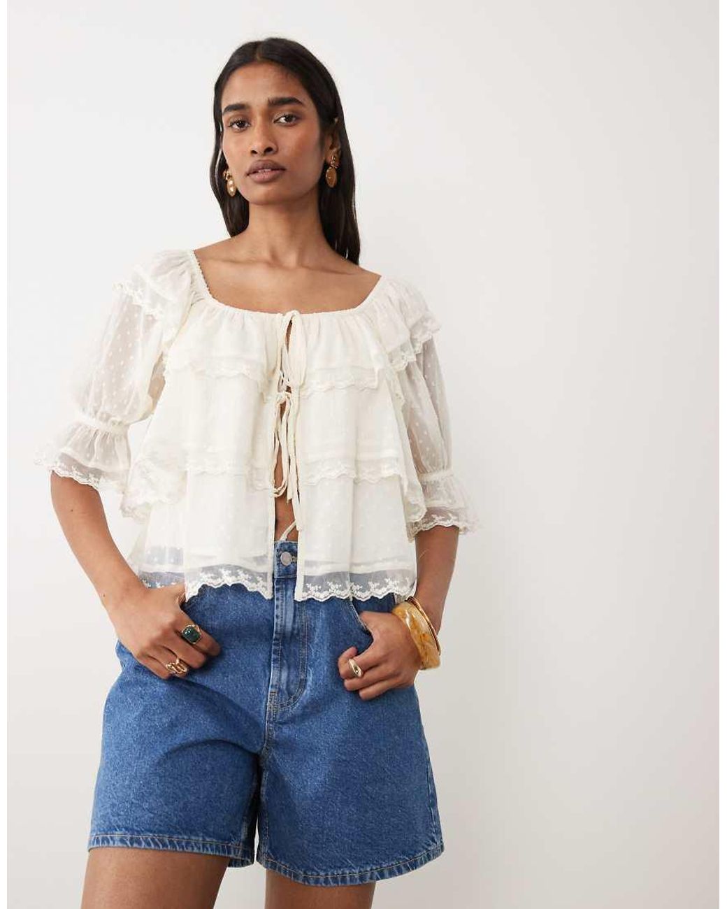 Miss Selfridge Dobby Tie Front Blouse-white