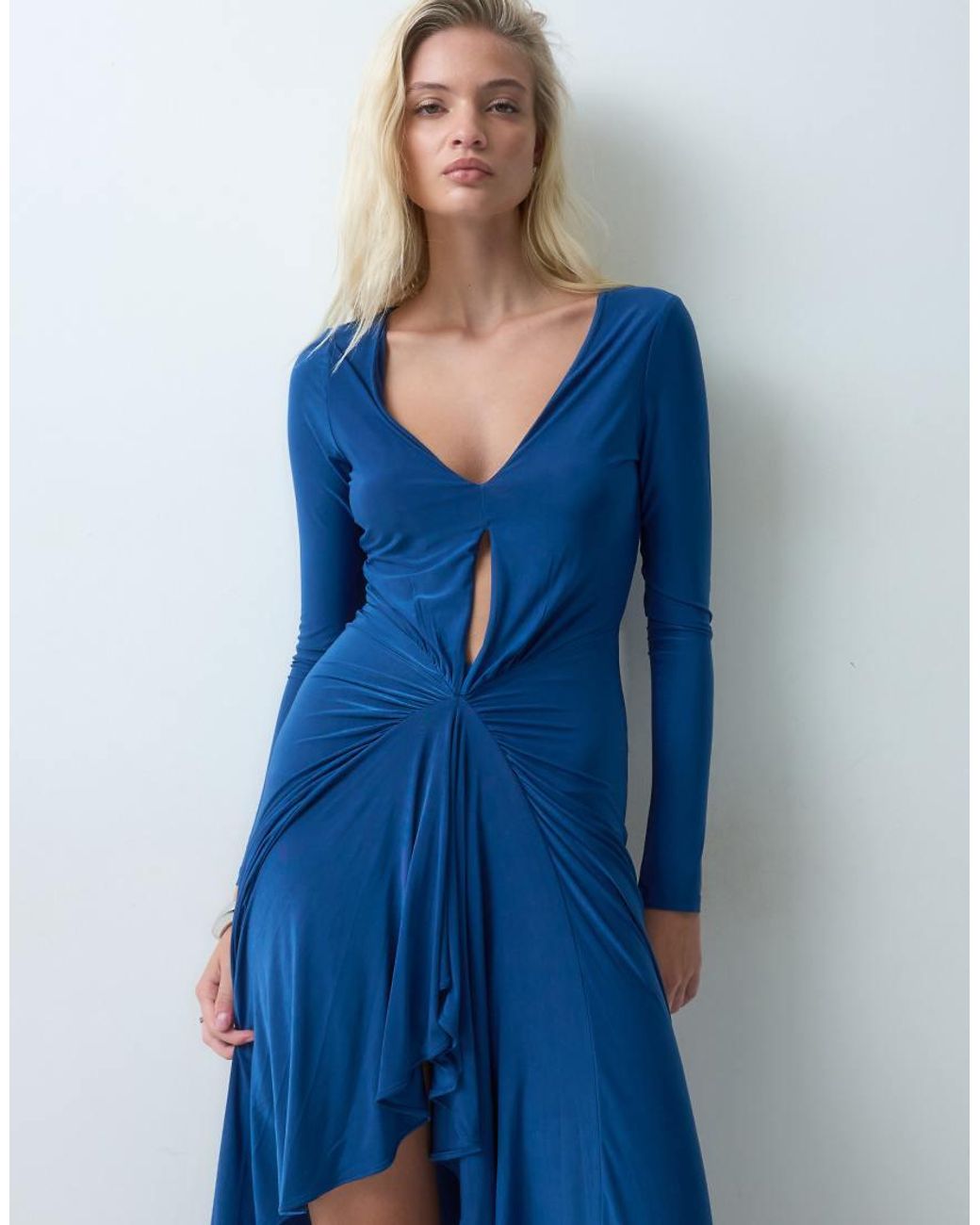 ASOS Blue Long Sleeve Plunge Gathered Front Maxi Dress