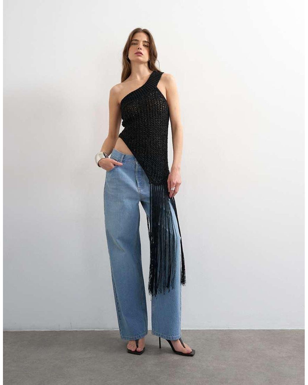 TOPSHOP Blue Knit One Shoulder Tassel Trim Top