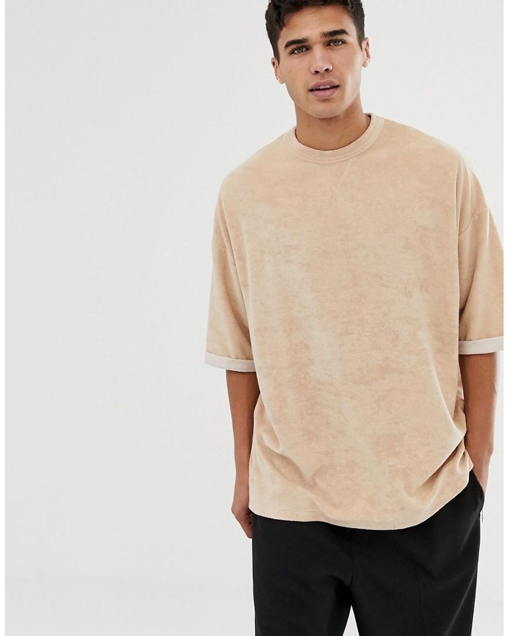 ASOS Cotton Oversized Tshirt With Half Sleeve in Beige (Natural) for