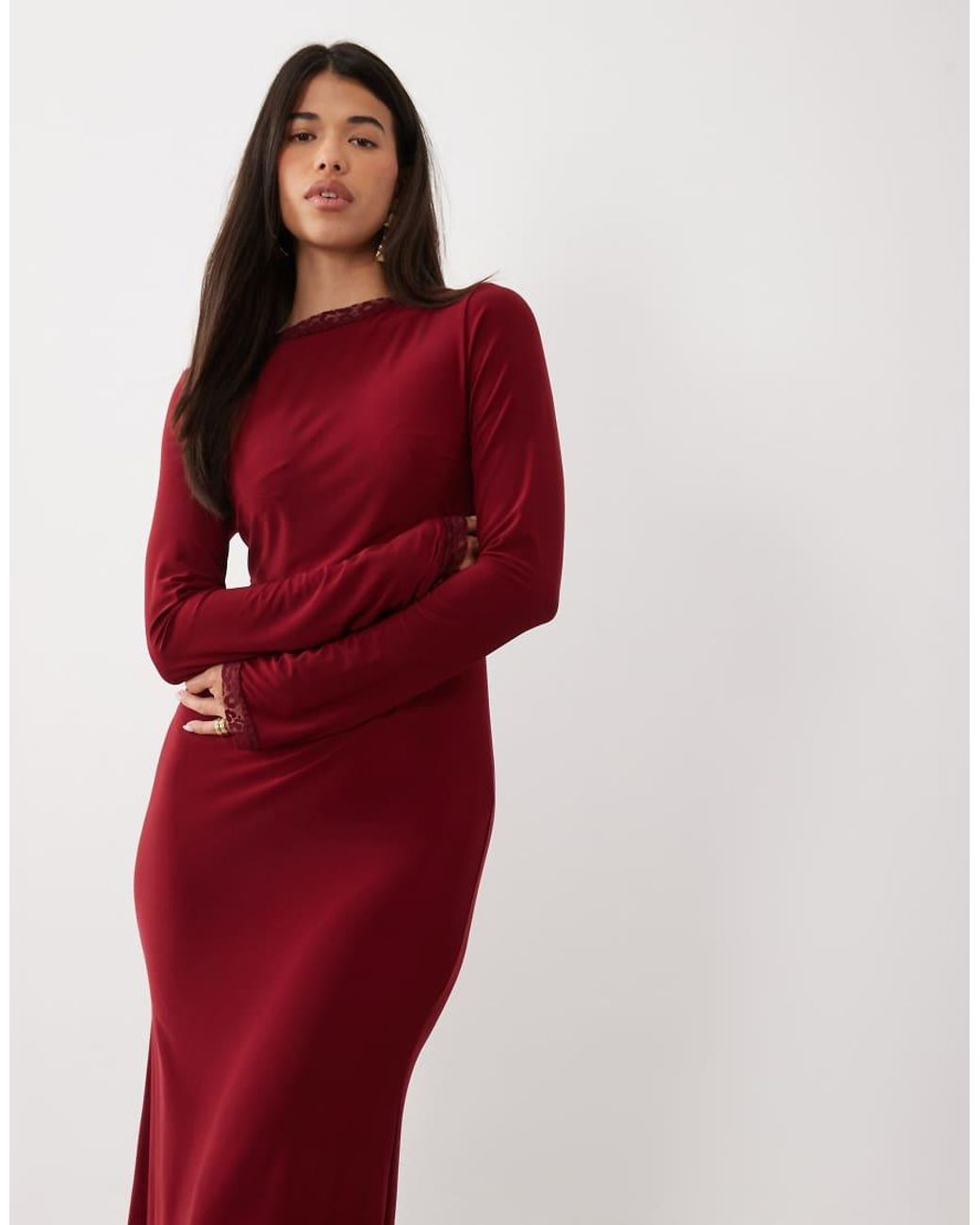 DASKA Red Slash Neck Slinky Maxi Dress With Lace Trim Detail
