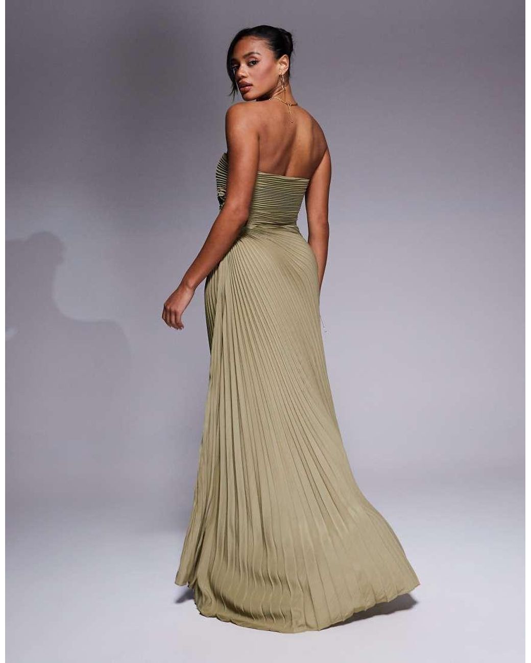 Aria Cove Metallic Bandeau Open Side Pleated Maxi Dress
