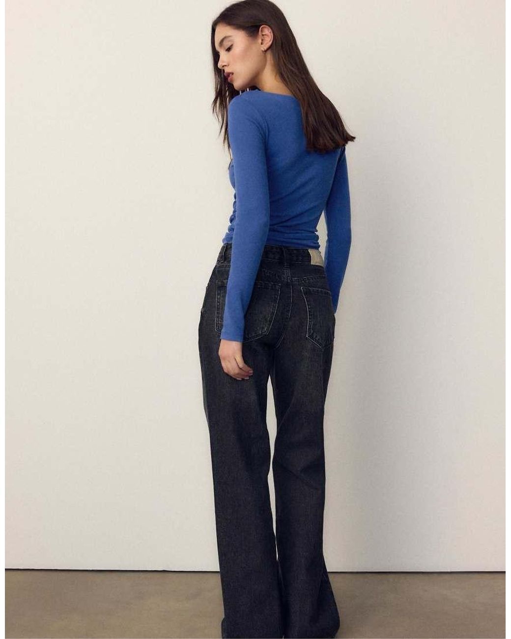 Stradivarius Blue Long Sleeve T-Shirt With Gathering