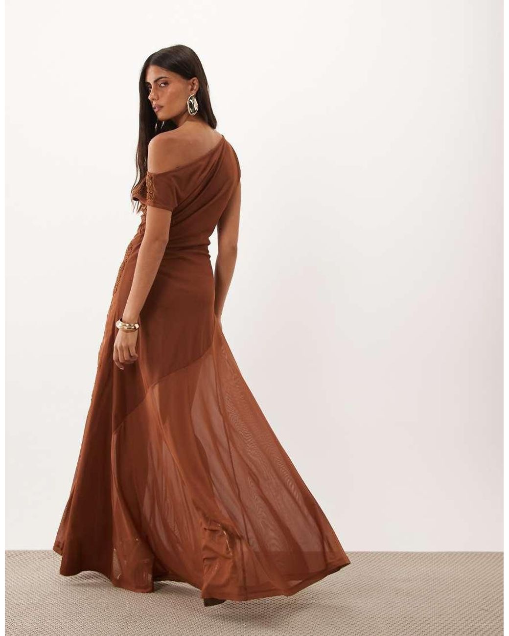 ASOS Brown Embroidered Mesh Off Shoulder Maxi Dress With Sheer Godet Detailing