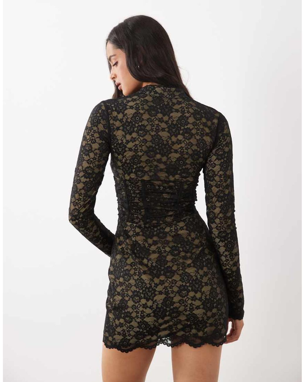 Oh Polly Black Lace Mandarin Collar Cut Out Detail Long Sleeve Mini Dress