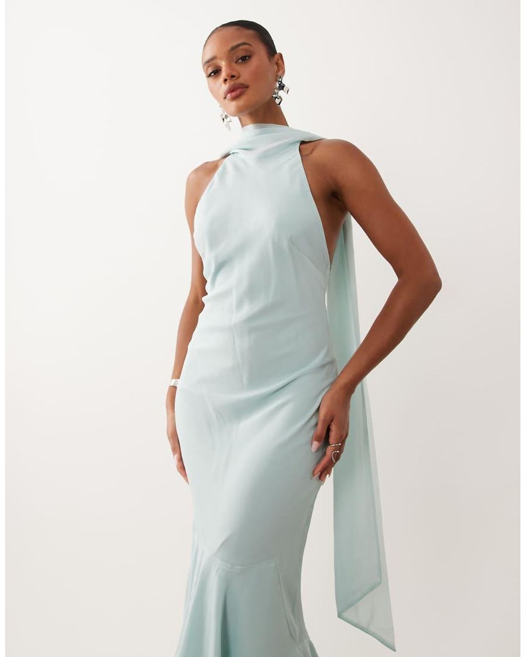 ASOS Blue Halter Maxi Dress With Scarf Detail And Ruffle Hem