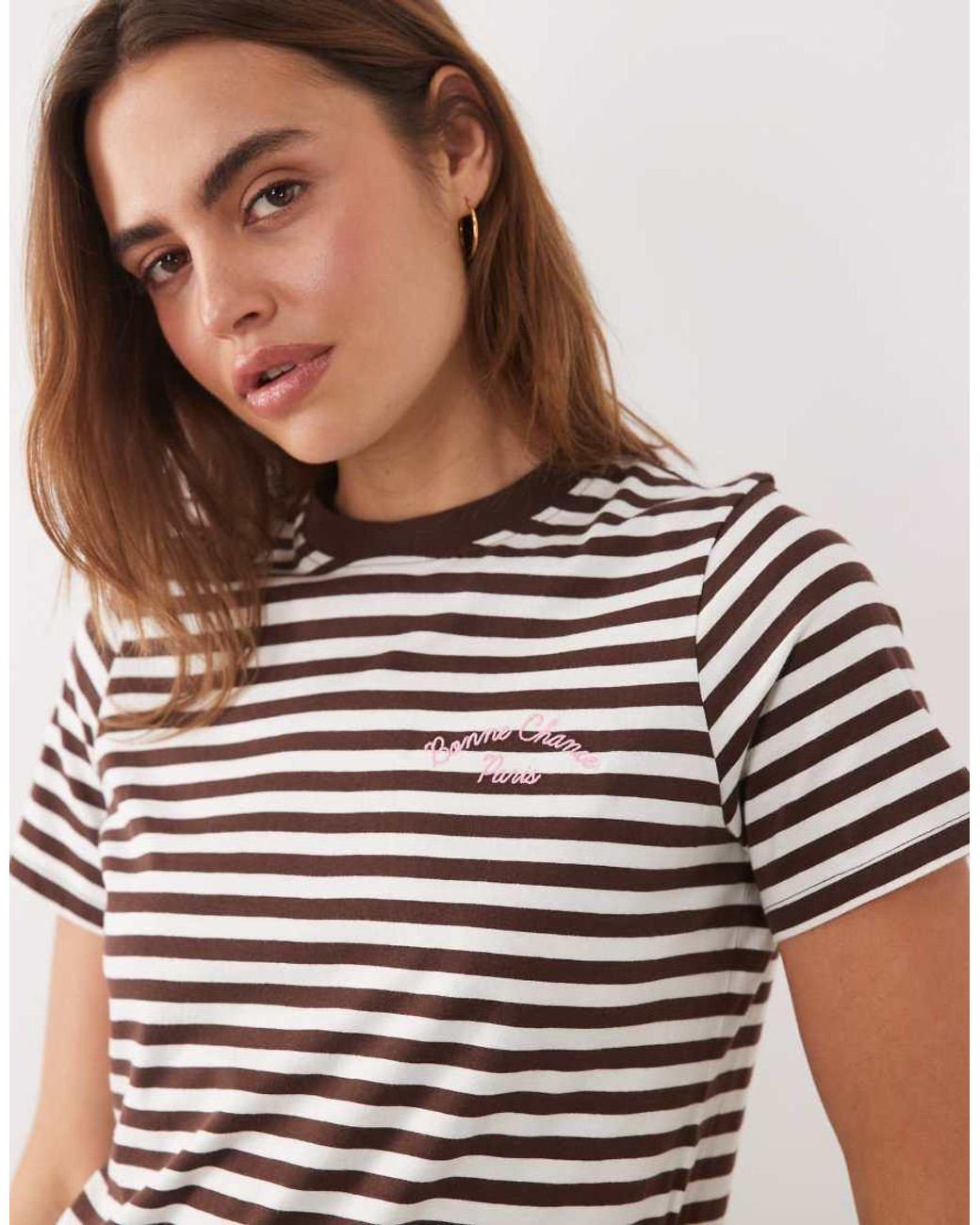 New Look Brown Embroidered Striped Tee