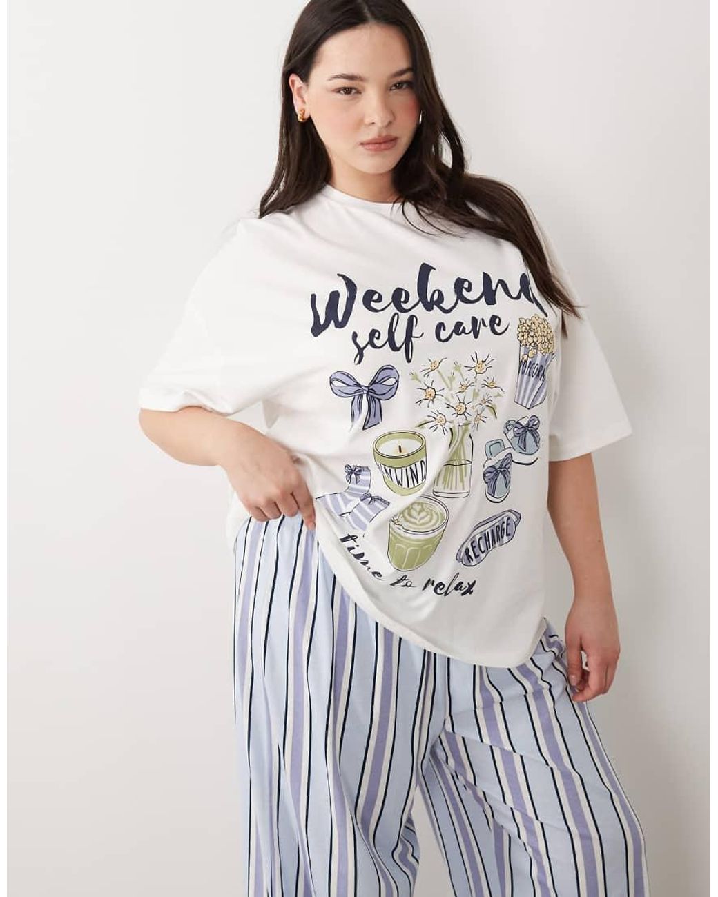 ASOS Blue Asos Design Curve Oversized Tee & Wide Leg Pants Pajama Set