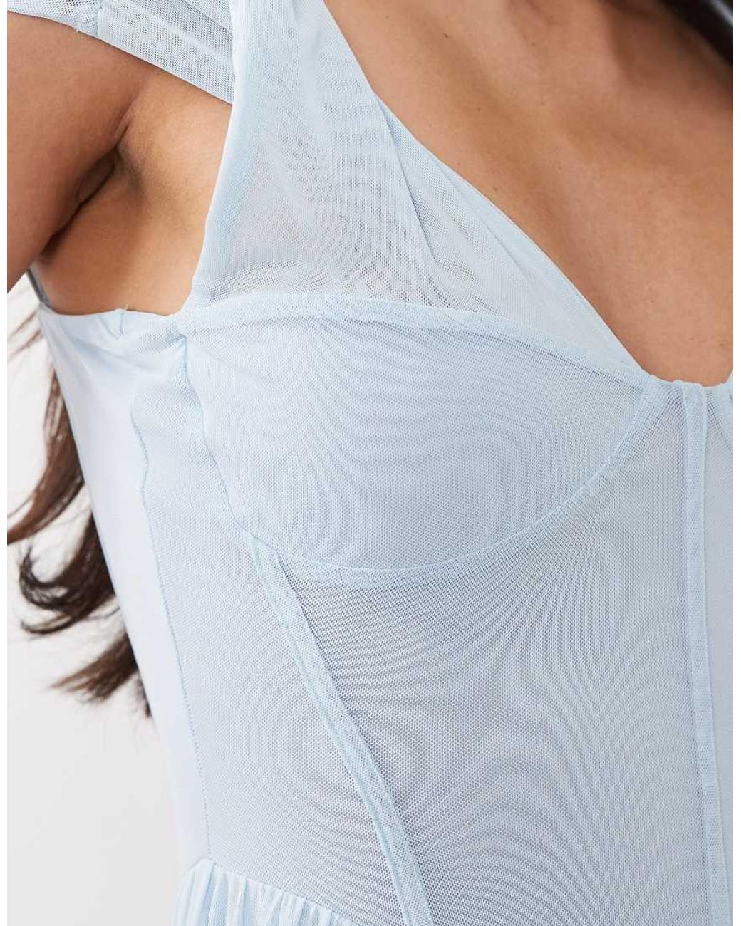 ASOS Blue Mesh Bust Twist Detail Maxi Dress With V Seam Detailing