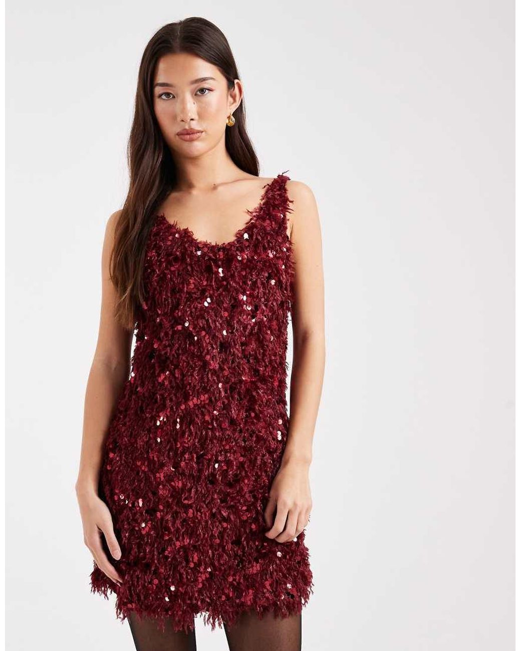 ONLY Red Faux Feather Sequin Mini Dress