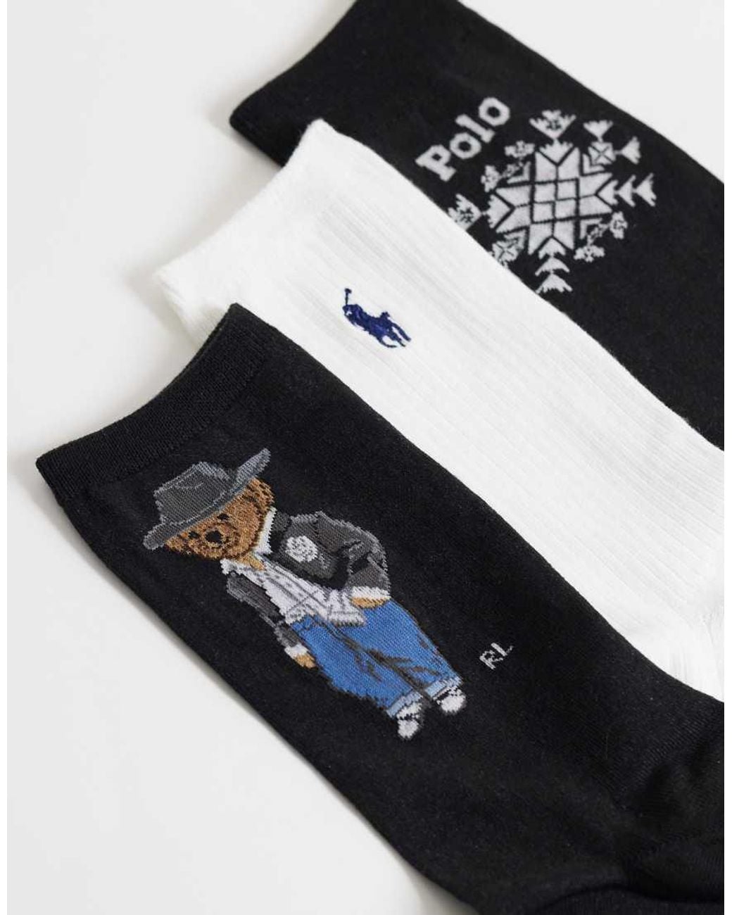 Polo Ralph Lauren White Holiday Bear Print 3 Pack Crew Socks