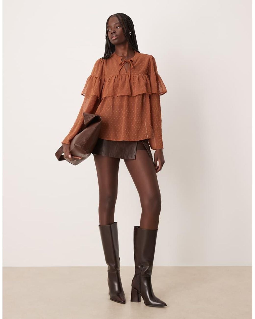 Vila Brown Boho Sheer Dobby Blouse With Ruffles