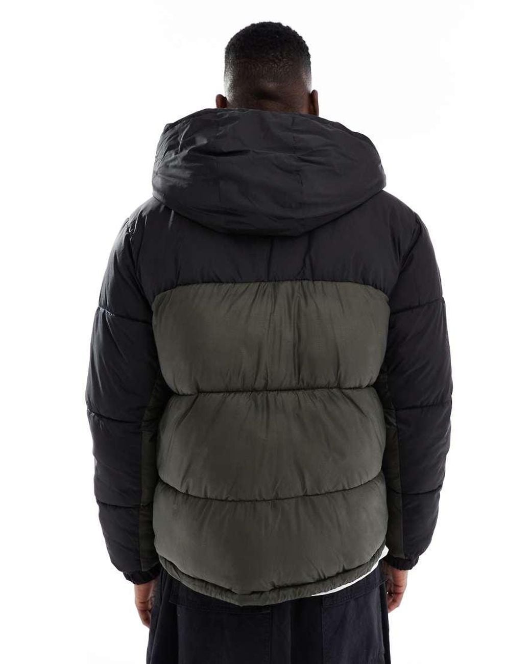 Jack & Jones Black Hooded Colour Blocked Puffer for men