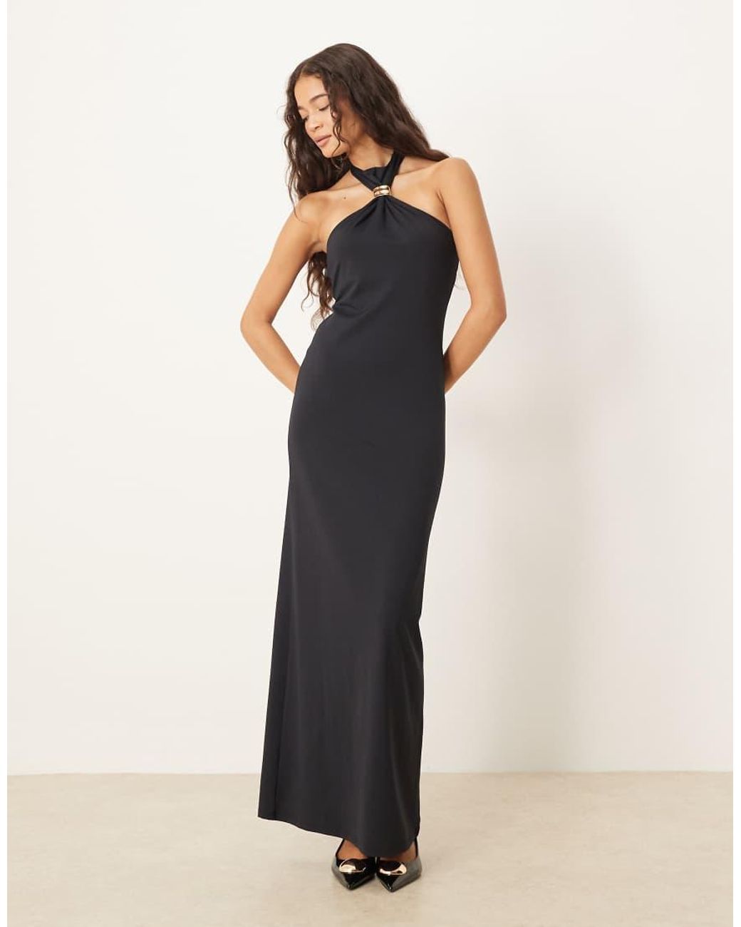 ASOS Blue High Neck Maxi Sleeveless Dress With Gold Metal Hardware Trim Detail