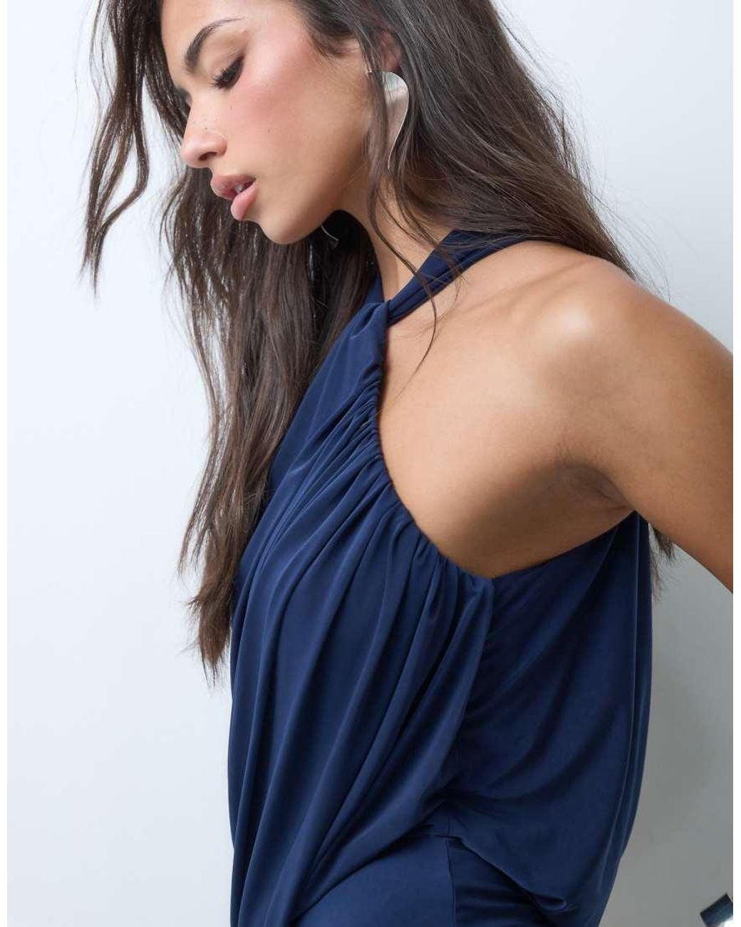 ASOS Blue Halter Neck Drape Maxi Dress With Open Back & Train
