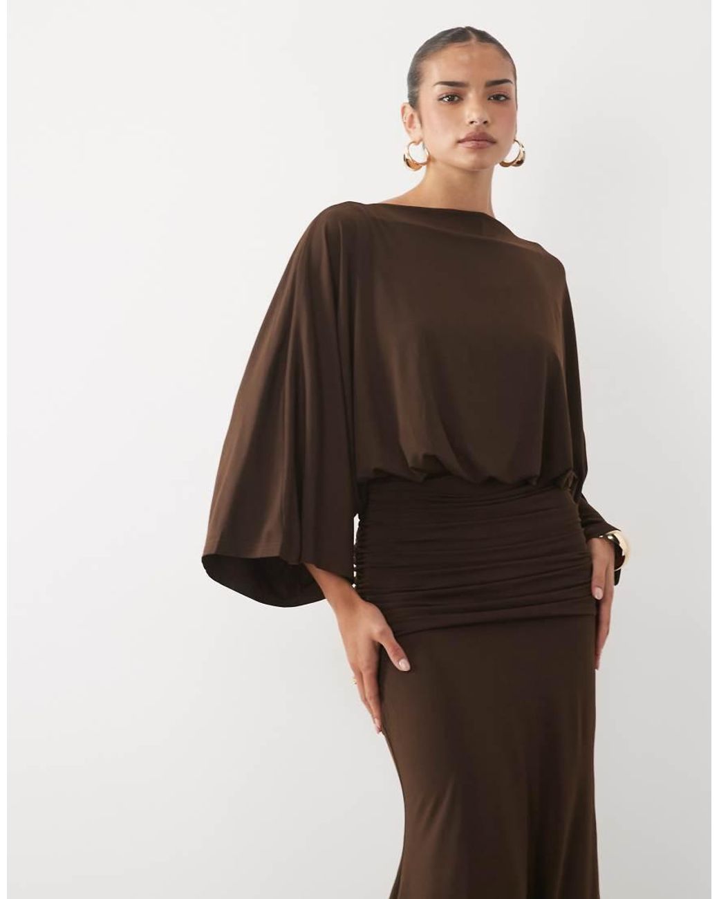 Pretty Lavish Brown Slinky Slash Neck Batwing Sleeve Draped Maxi Dress