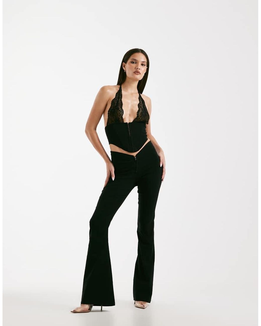 I.AM.GIA Black Ellena Halterneck Contrast Lace Structured Corset Top