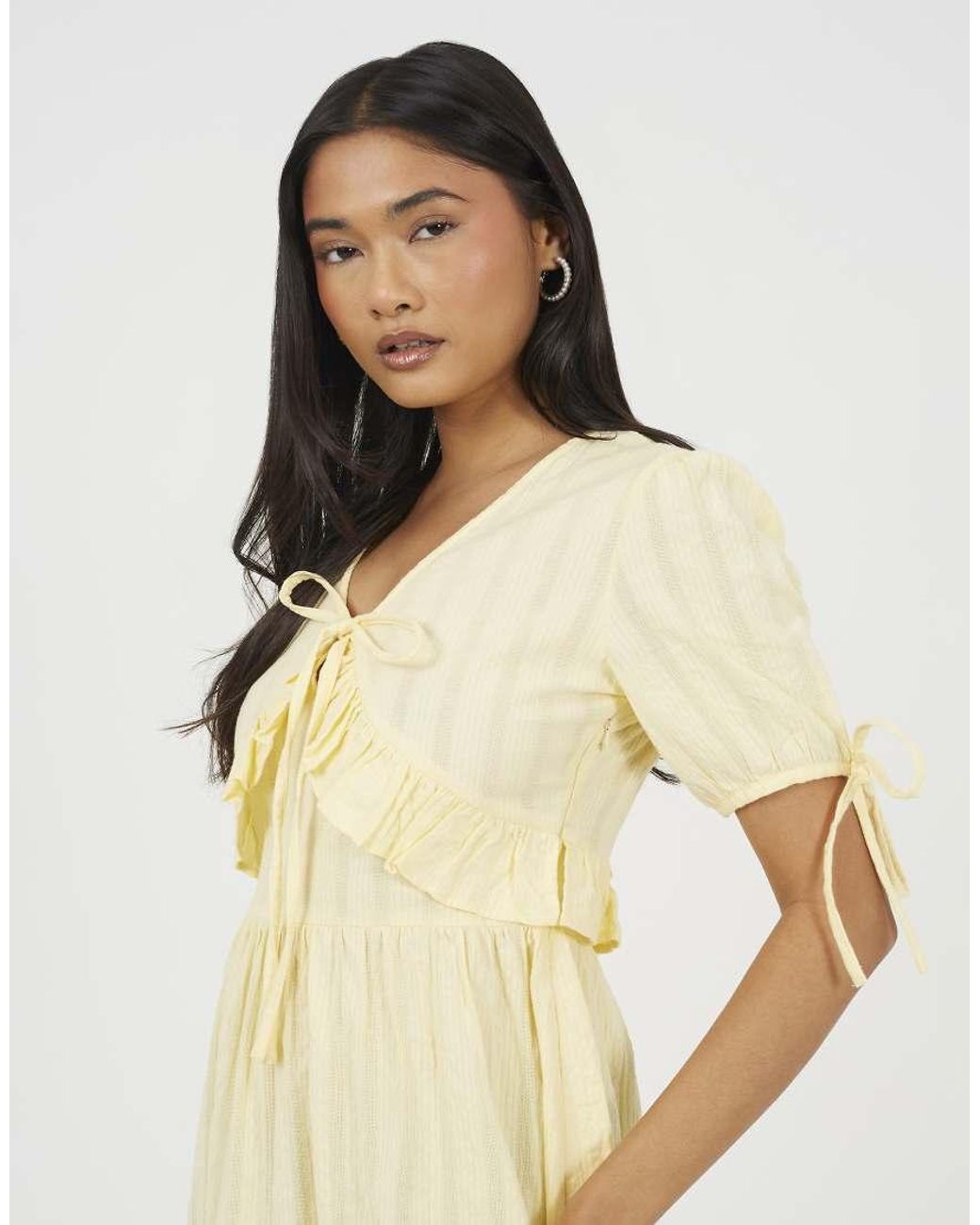 Brave Soul Natural Puff Sleeve Maxi Dress With Tie And Ruffle Details