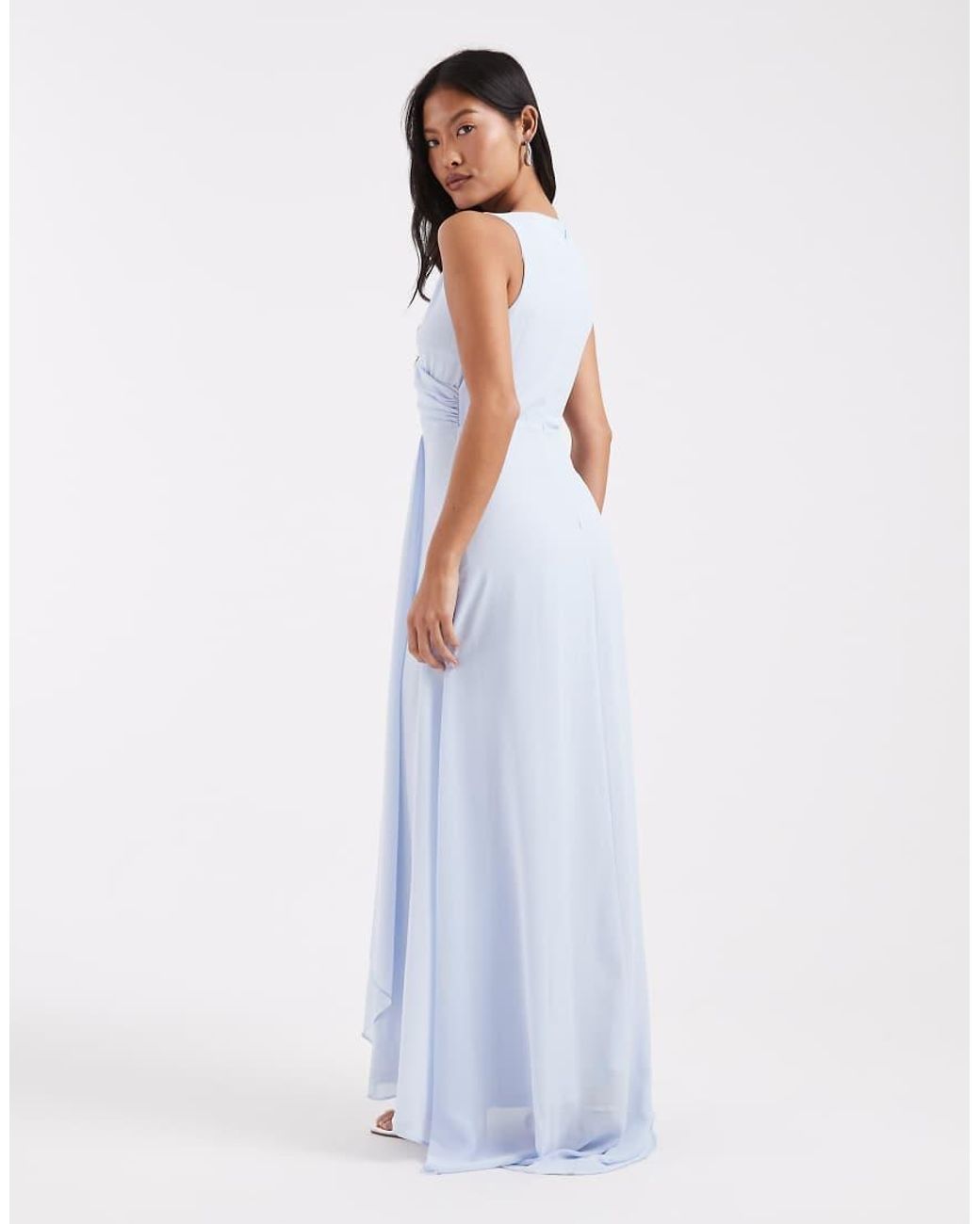 TFNC London Blue Bridesmaid Chiffon Wrap Top Draped Maxi Dress