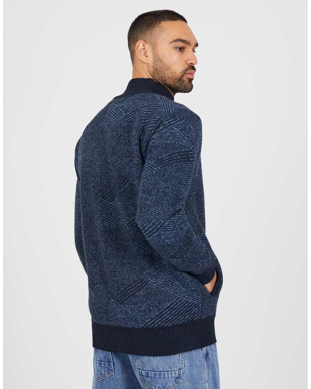 Brave Soul Blue Funnel Neck Zip Through Knitted Jumper for men