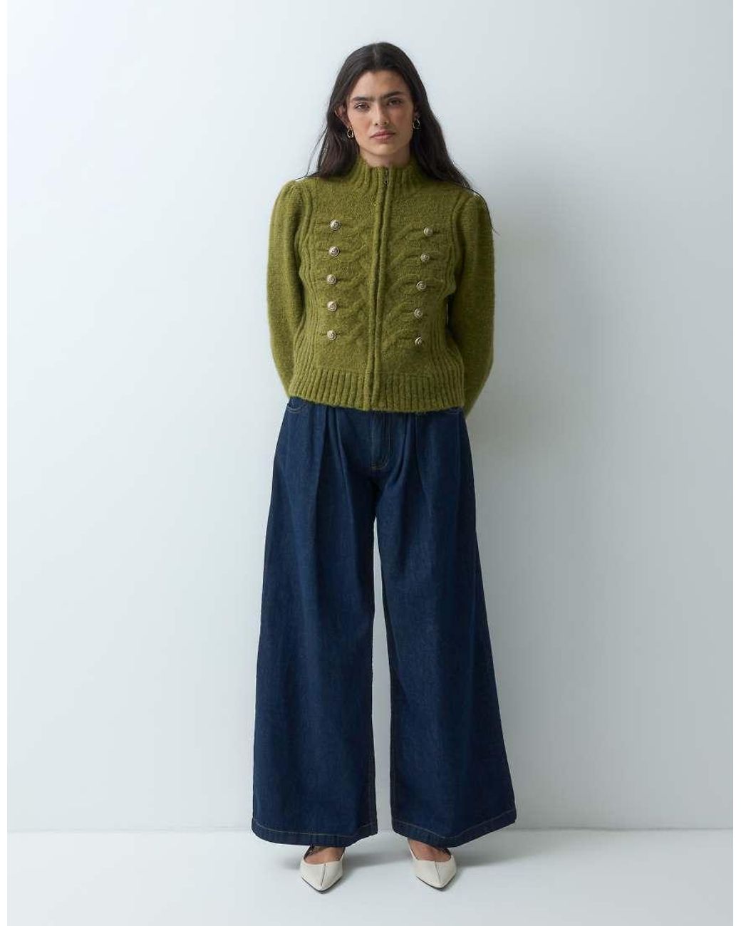 Miss Selfridge Green Knitted Zip Through Cardigan With Military Detail