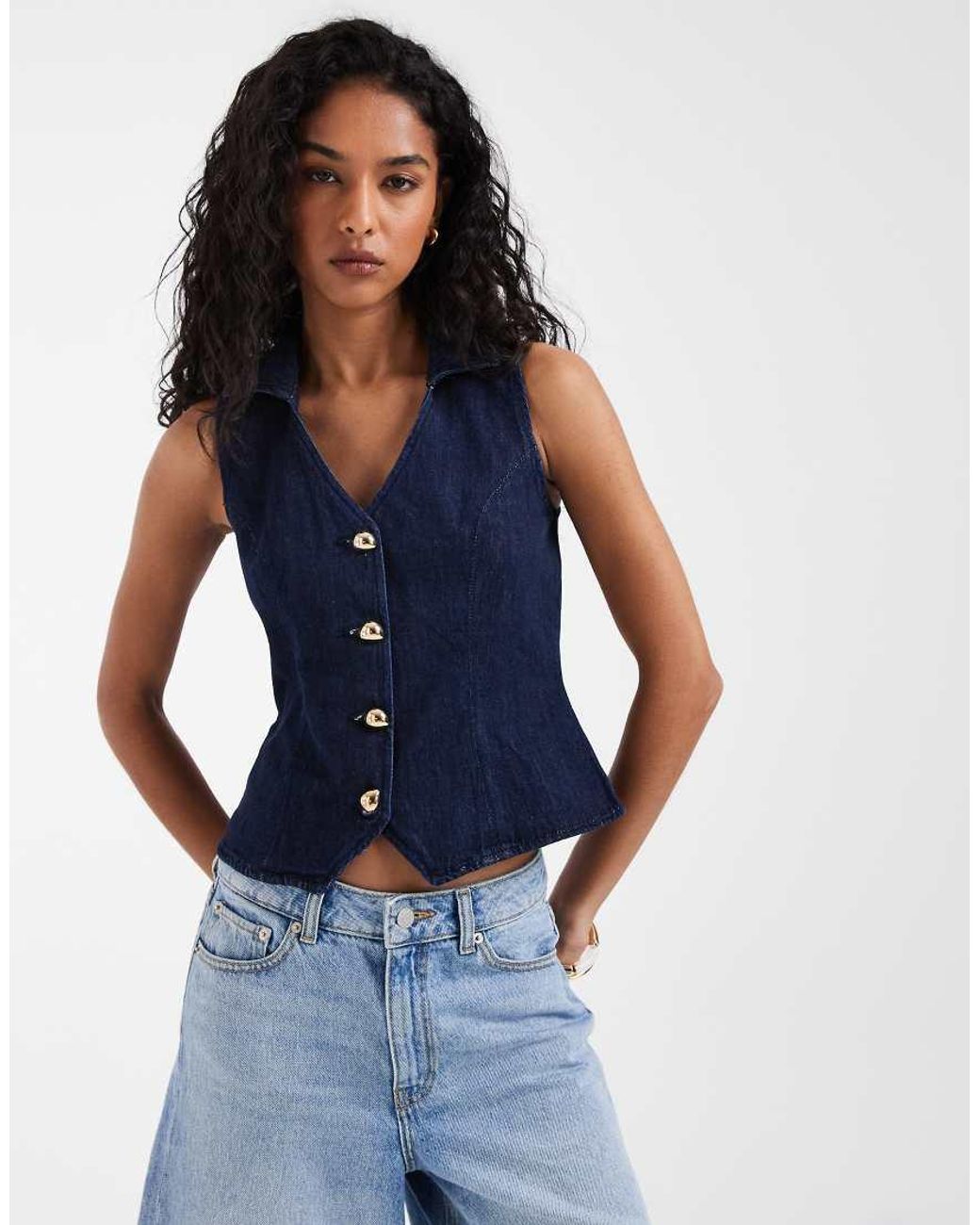 River Island Blue Button Detailed Denim Waistcoat