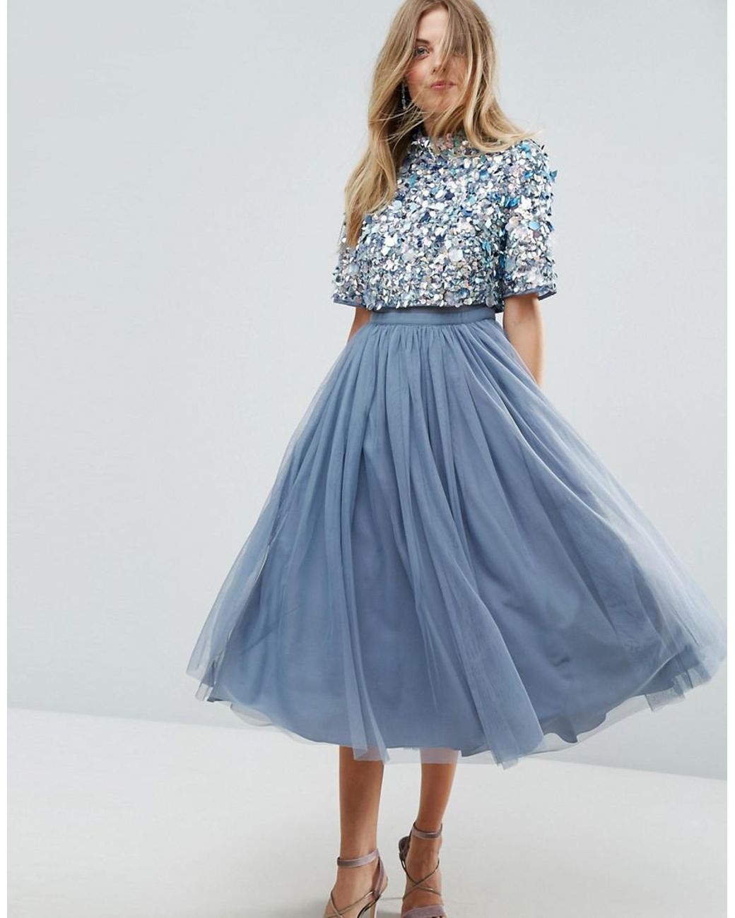 ASOS High Neck Embellished Crop Top Tulle Midi Dress in Blue | Lyst