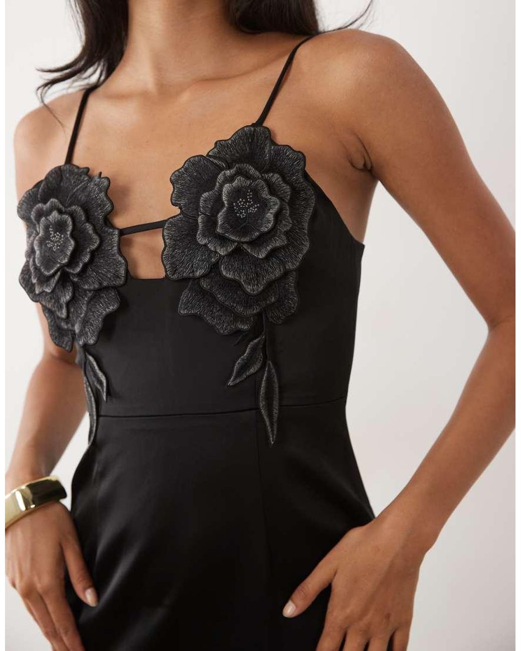 JW PEI Black 3D Floral Appliques Thigh-High Side Slit Maxi Dress