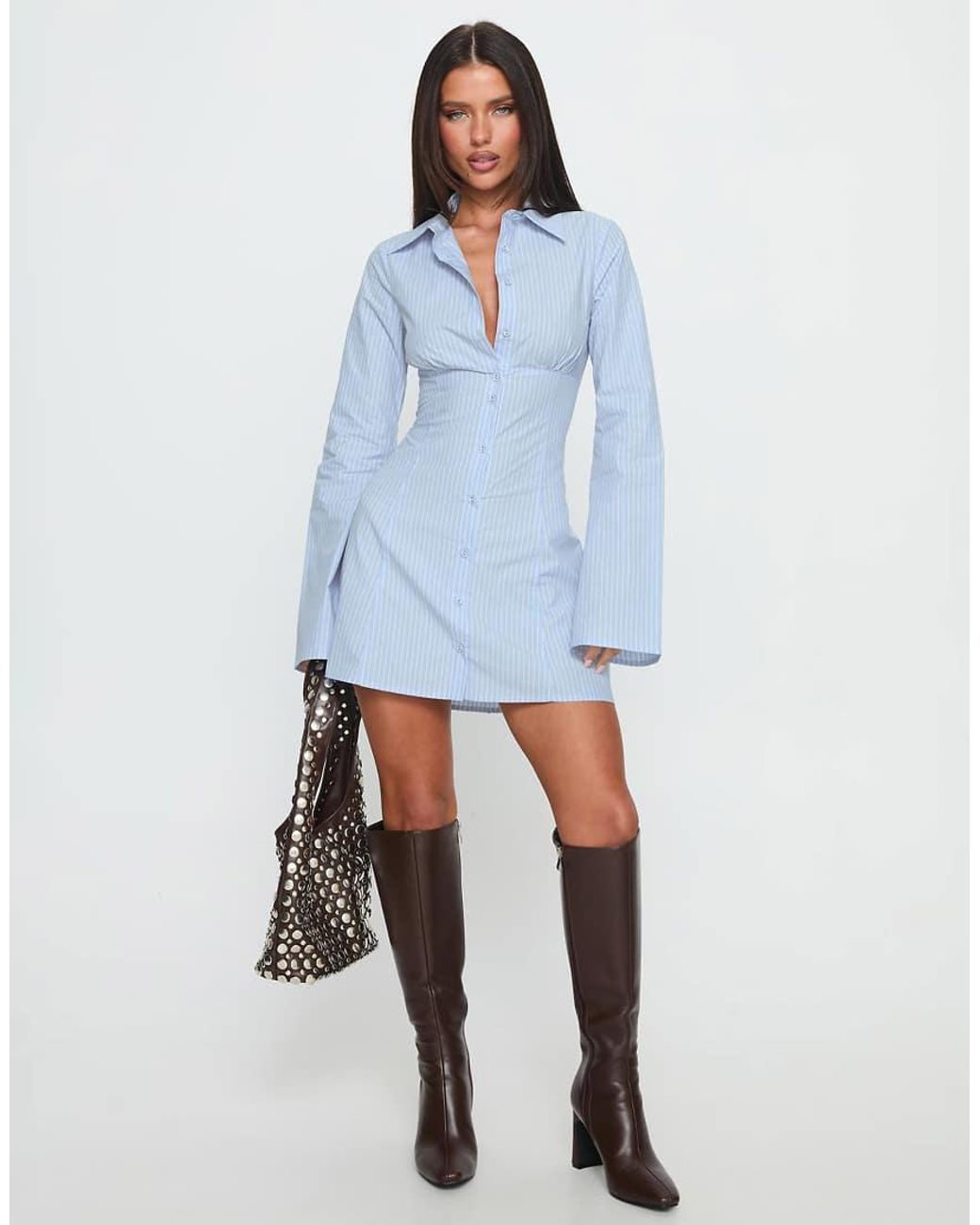 Princess Polly Blue Cinch Waist Button Up Wide Sleeve Mini Dress