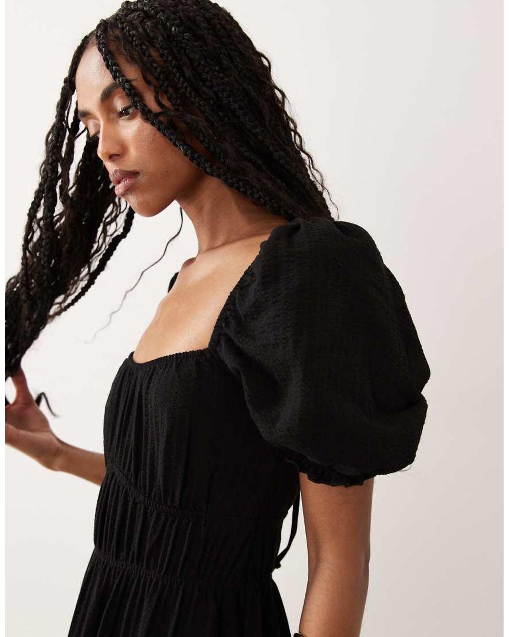 Miss Selfridge Black Seersucker Puff Sleeve Milkmaid Maxi Dress