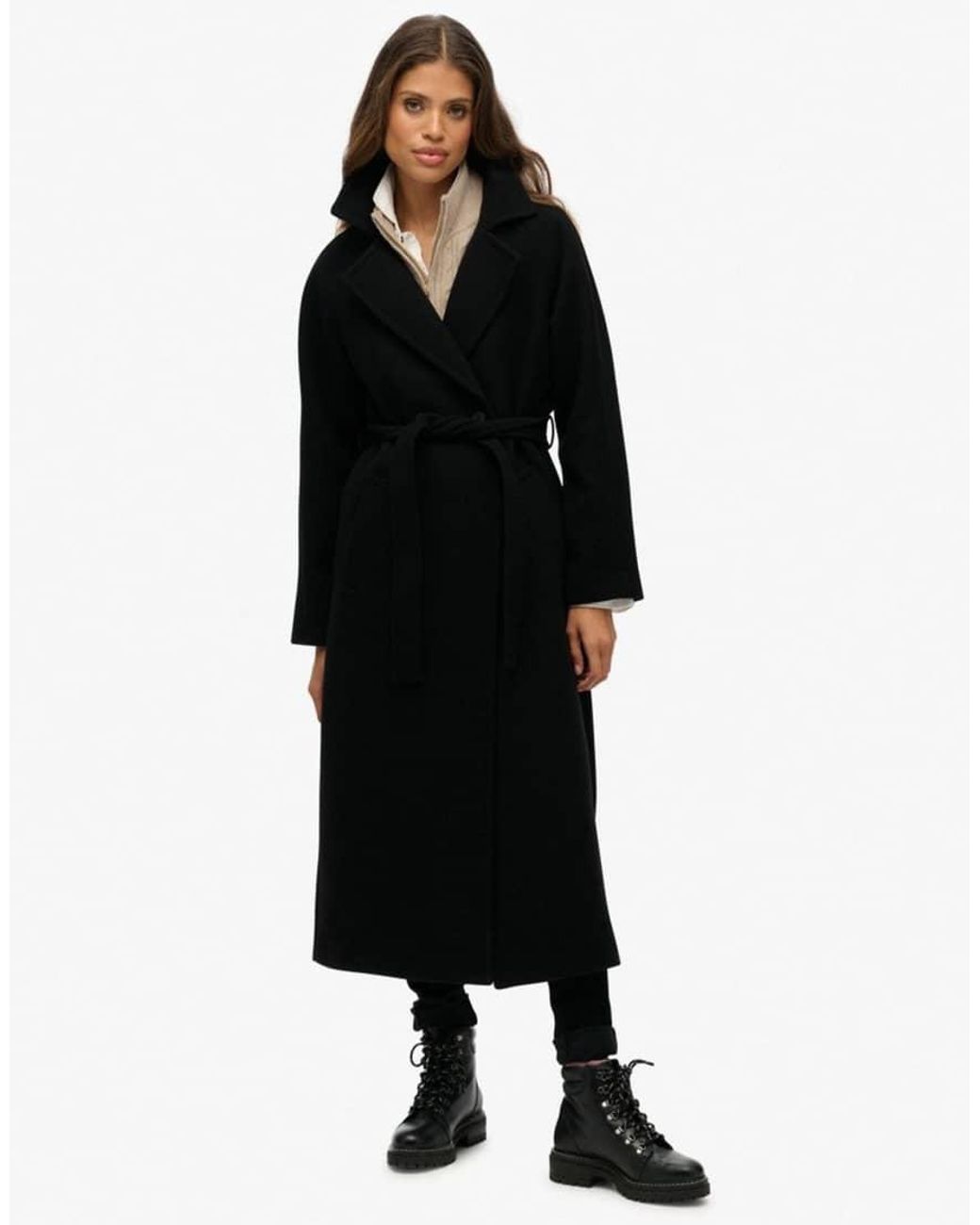 Superdry Black Relaxed Long Wool Blend Coat