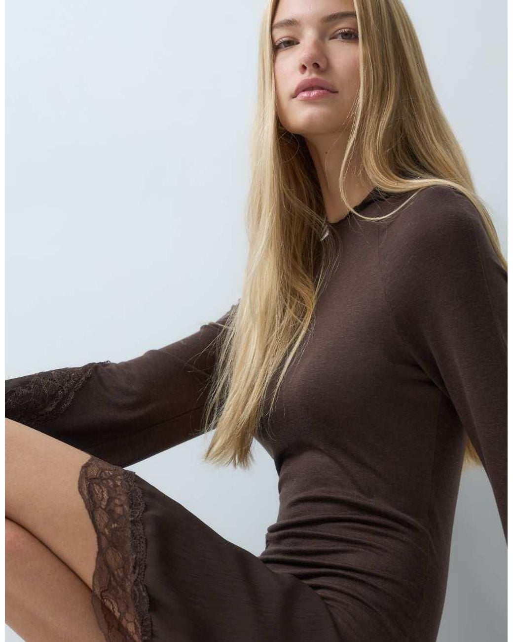laagam Brown Boho Lace Trim Mini Dress With Fluted Sleeves