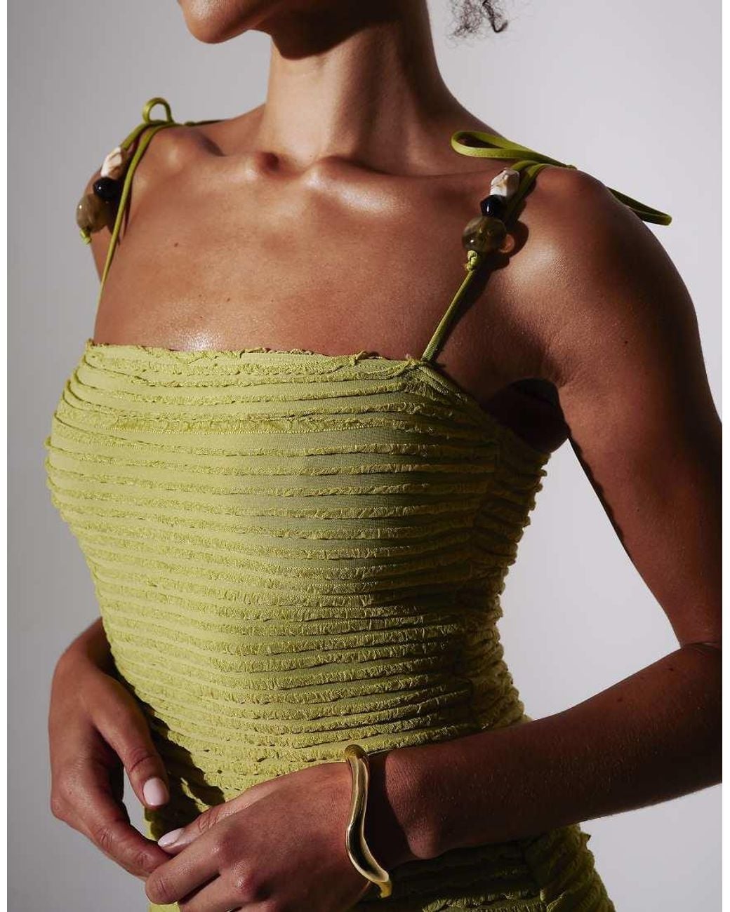 South Beach Green Bead Strap Detail Frill Bodycon Maxi Dress